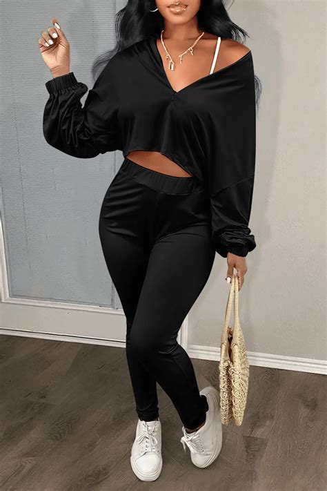 Plain Zipper Up Long Sleeve Lapel Neck Black Pants Sets Pants Sets