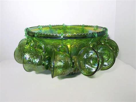 Punch Bowl Set Harvest Princess Green Carnival Glass Service Etsy Carnival Glass Punch Bowl