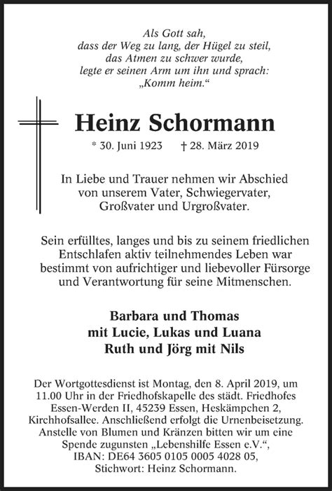 Traueranzeigen Von Heinz Schormann Trauer In NRW De