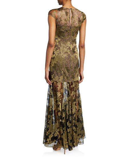 Halston Metallic Embroidered Lace Cap Sleeve Gown Neiman Marcus