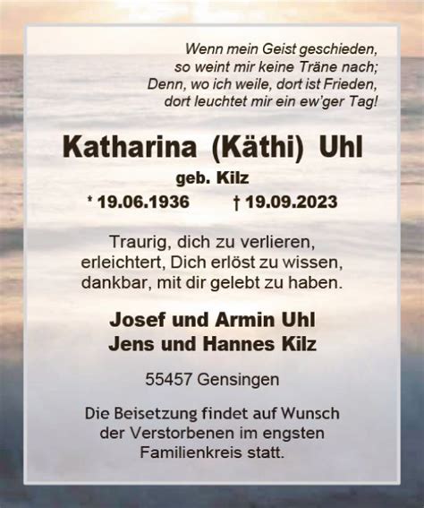 Traueranzeigen Von Katharina Uhl Vrm Trauer De