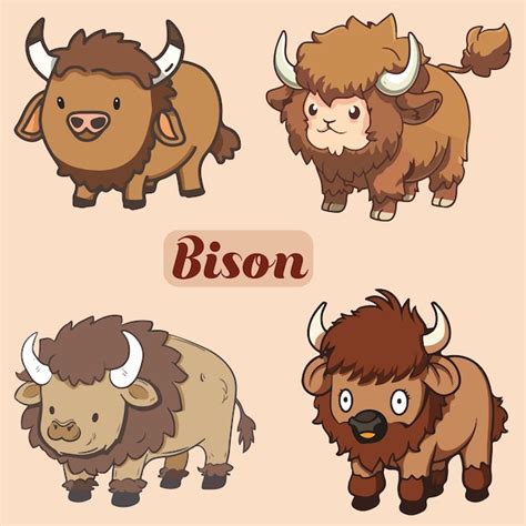 Premium Vector Kawaii Bison Illustrations Vector Set