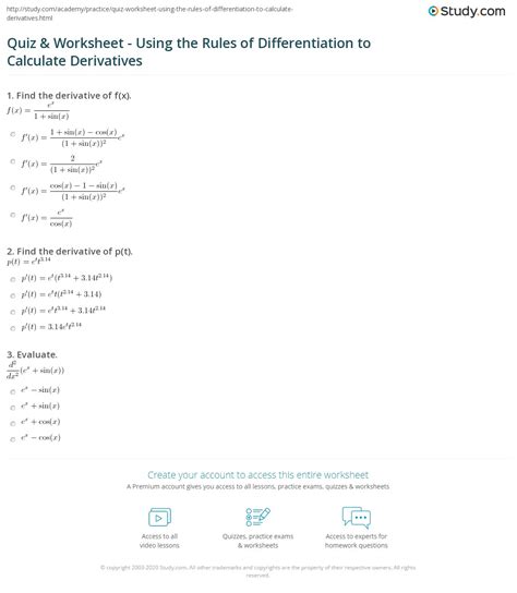 Quiz Worksheet Using The Rules Of Differentiation To Calculate 39246