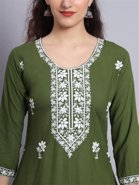 Formal Wear Rayon Chickenkari Work Only Kurti Mehndi Ethnicgarment