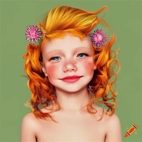 Illustration Of Adorable Smiling Ginger Haired Girls In Colorful