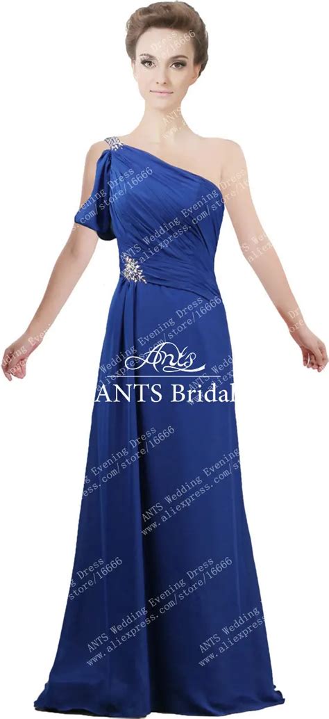 Ants X236 Formal One Shoulder Royal Blue Chiffon Crystal Long Wedding