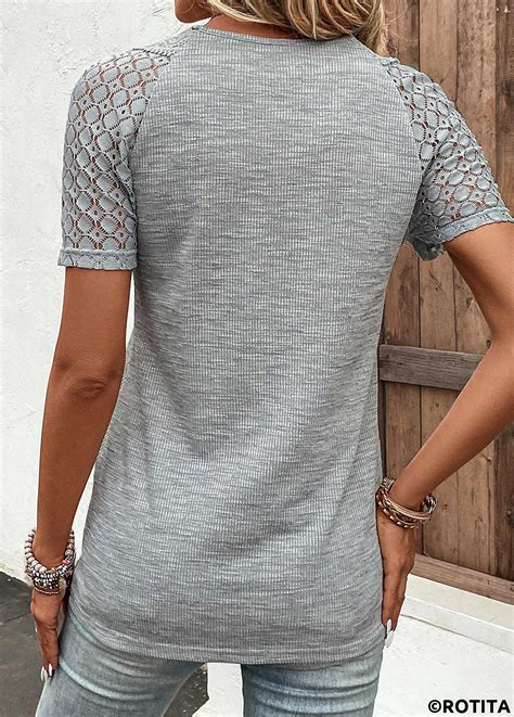 ROTITA Lace Grey V Neck Short Sleeve T Shirt Rotita USD 33 98