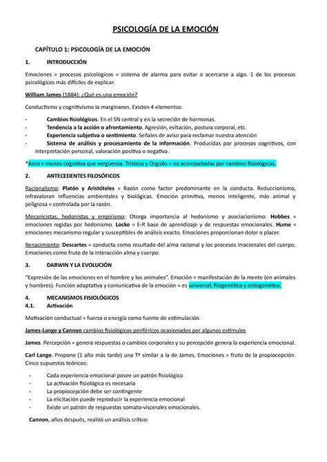 Mis Apuntes Psicología De La Emoción PsicologÍa De La EmociÓn CapÍtulo 1 PsicologÍa De La