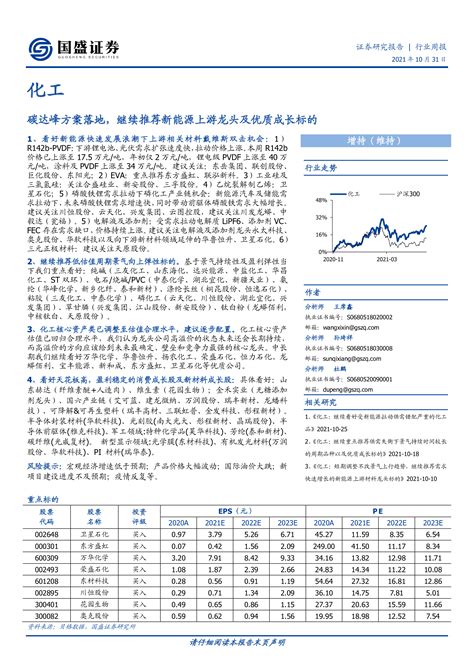 化工行业周报：碳达峰方案落地，继续推荐新能源上游龙头及优质成长标的 洞见研报 行业报告