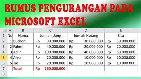 Rumus Pengurangan Di Excel Tutorial Youtube