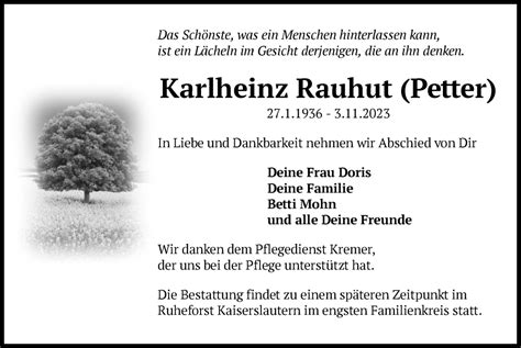 Traueranzeigen Von Karlheinz Rauhut Trauerop Onlinede