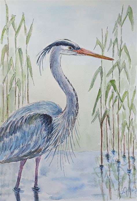 Great Blue Heron Painting Watercolor Original Art Bird Artwork | Etsy