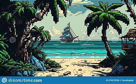 Tropical Beach And Sailing Ship In Pixel Art Stock Photo Image Of