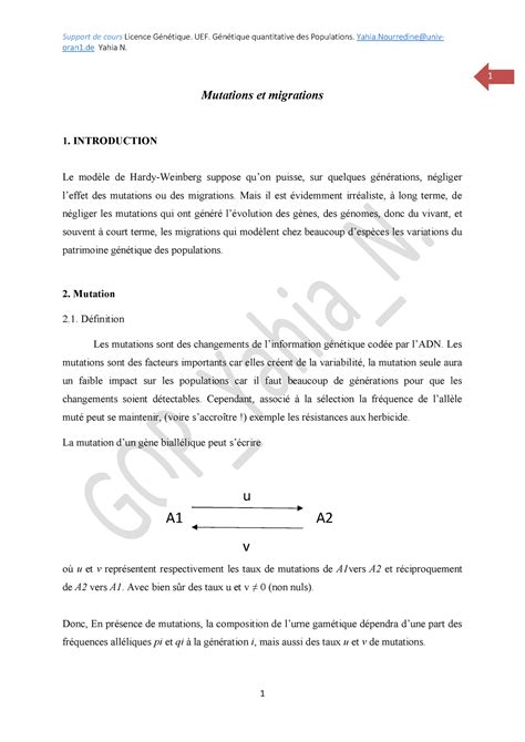 L G N Tique Support De Cours Mutations Et Migrations Oran