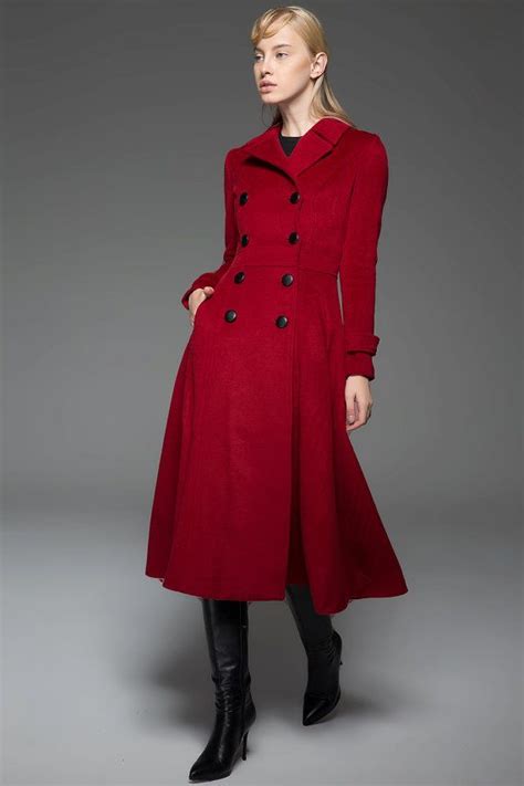 Classic Red Coat Wool Long Full Length Fitted Slim Tailored Double