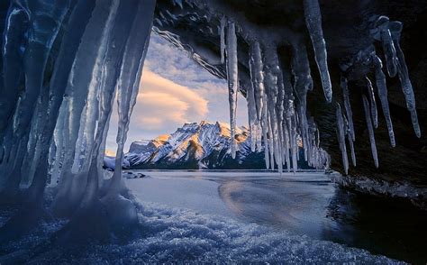 HD wallpaper: ice shards, cave, mountains, winter, snowy peak, lake ...