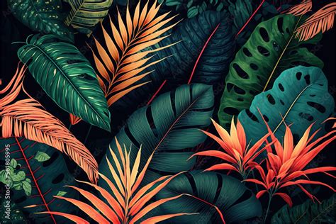 A Pattern Of Tropical Jungle Leaves Vibrant Exotic Colour Wallpaper