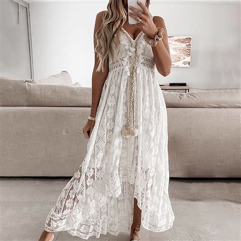 Mchoice Womens Boho Dresses Sexy Lace V Neck Sleeveless White Wedding