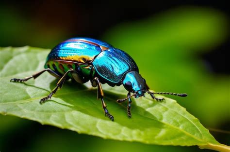 Premium AI Image | a close up of a blue beetle on a green leaf