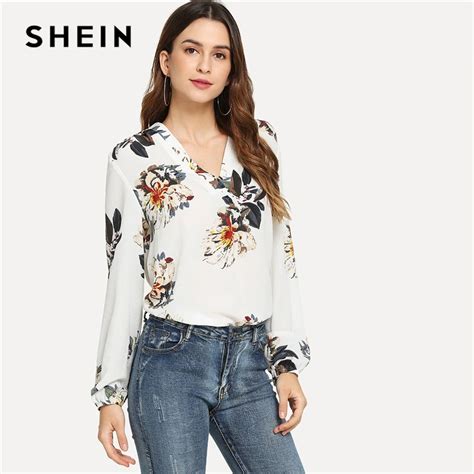 Aliexpress Buy Shein White Elegant Office Lady Floral Print V