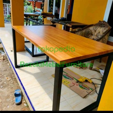 Jual Meja Kerja Makan Minimalis Kayu Asli Mahoni Kaki Besi Hollow