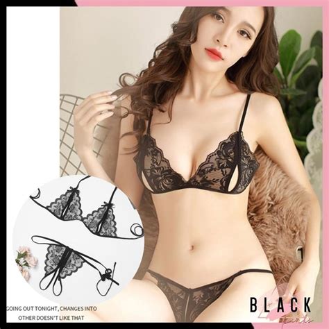 Jual Blackpink Lingerie Set Bra Dan G String Transparant Pita Bunga