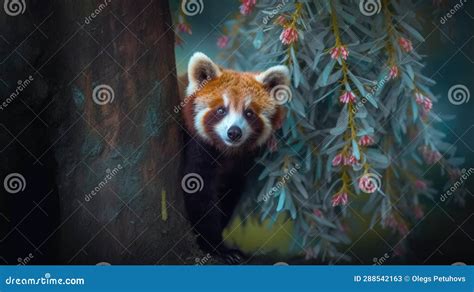 A Red Panda Peeking Out From Behind A Tree Branch With Pink Flowers