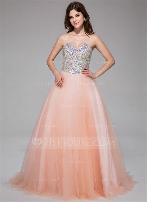 Ball Gown Sweetheart Sweep Train Tulle Prom Dress With Beading