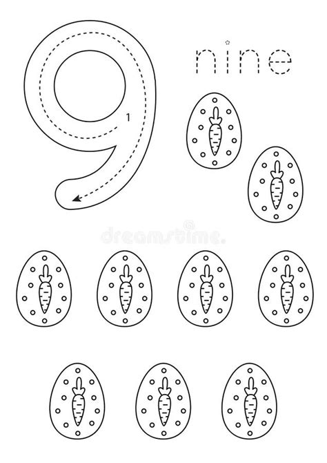 Flashcard Number 9. Preschool Worksheet. Black and White Fruits. Stock Vector - Illustration of ...