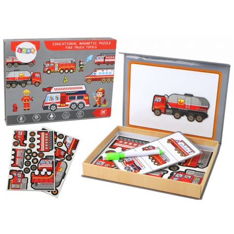 A Set Of Magnetic Puzzles With A Fire Truck Motif