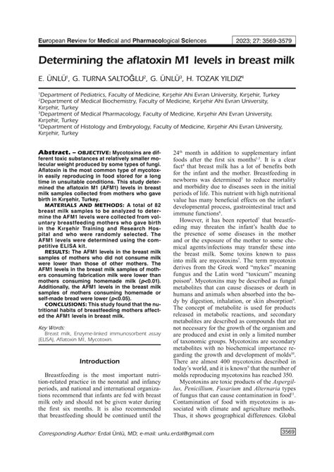 Pdf Determining The Aflatoxin M1 Levels In Breast Milk