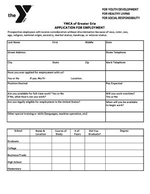 Fillable Online YMCA Of Greater Erie APPLICATION FOR EMPLOYMENT Fax