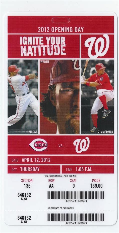 WASHINGTON NATIONALS V CINCINNATI REDS TICKET STUB 4/12/12 OPENING DAY ...