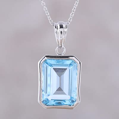 Rectangular Blue Topaz Pendant Sterling Silver Necklace Modern Frame