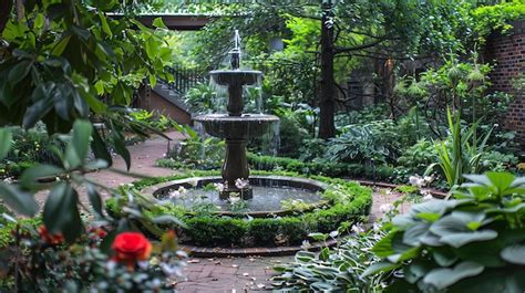 Premium Photo A Beautiful Fountain In A Lush Garden The Fountain Is