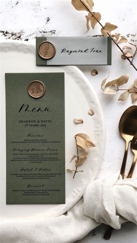 Green Vellum Place Cards With Wax Seal And Menus For An Autumn Table