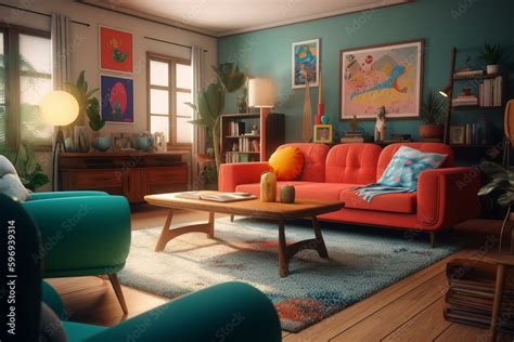 Modern living room with colorful cartoon furniture illustration ...