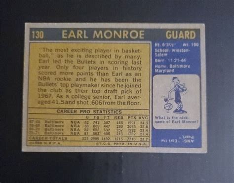 1971 Topps 130 Earl Monroe HOF EBay