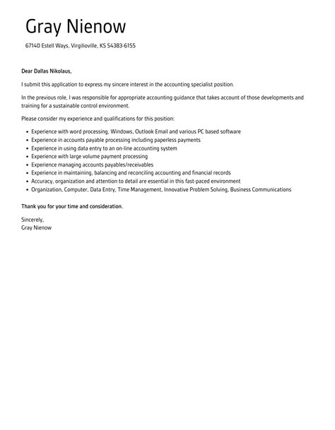 Accounting Specialist Cover Letter Velvet Jobs