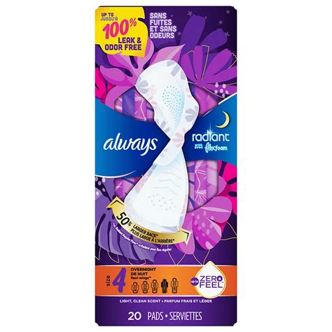 Always Radiant Flexfoam Pads For Women Size 4 Overnight Shop Pads