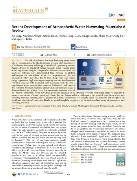 Pdf Recent Development Of Atmospheric Water Harvesting Materials A