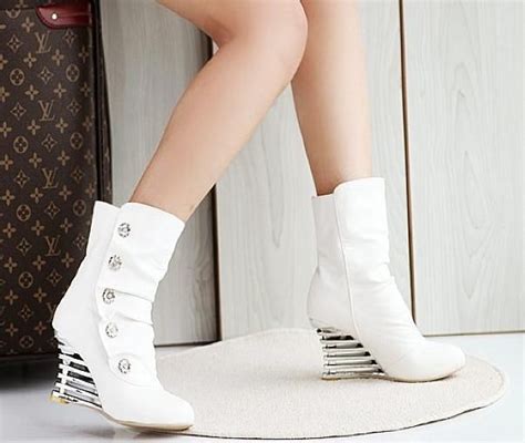 New Arrival White Wedge Heel Rhinestone Short Boot Ankle Boots From