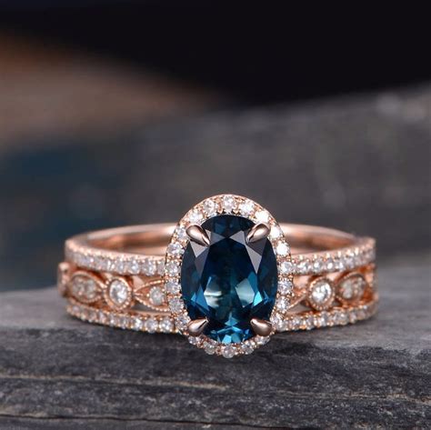 London Blue Topaz Bridal Sets Wedding Ring Rose Gold Etsy Rose Gold Oval Engagement Ring