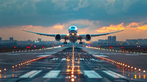 Commercial Aircraft Landing On Illuminated Runway At Sunset Stunning