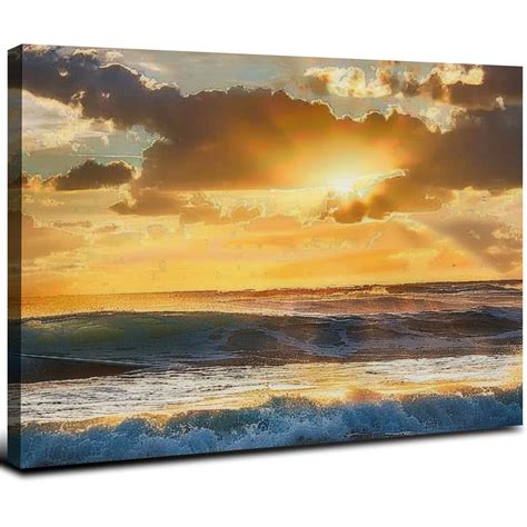 Zhiwo Framed Sunset Ocean Wall Art Ocean Waves Canvas Wall Decor Glow