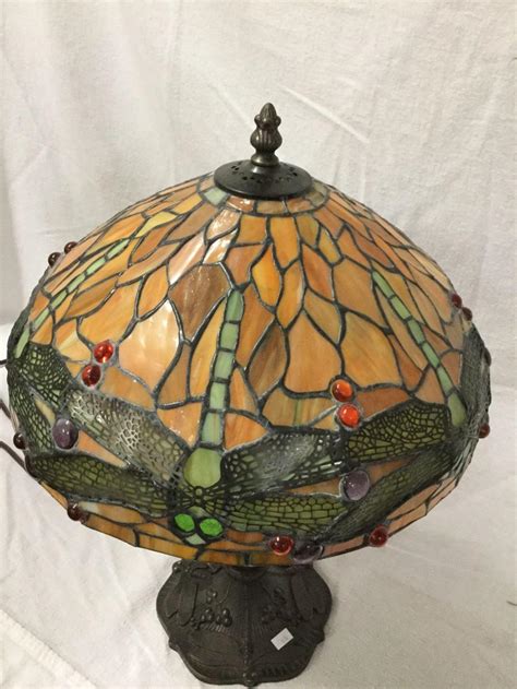 Sold Price Vintage Composite Stained Glass Tiffany Style Dragonfly Table Lamp With Cast Base