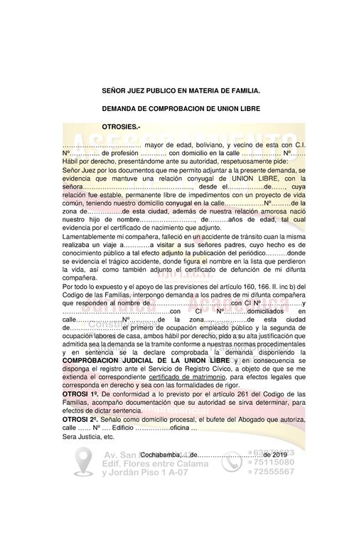 Demanda DE Union Libre SEÑOR JUEZ PUBLICO EN MATERIA DE FAMILIA