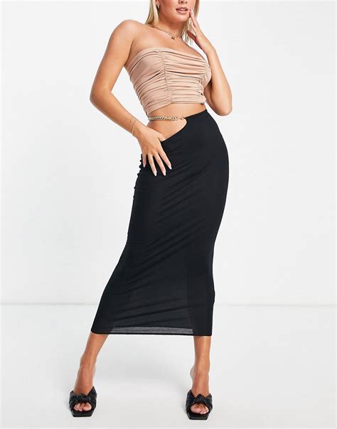 Asos Design Jersey Midi Skirt With Chain Detail And Cut Out In Black Modesens