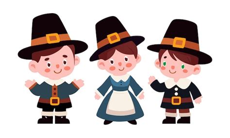 Premium Vector Cute Pilgrims Set In Cartoon And Flat Style Clip Art Library