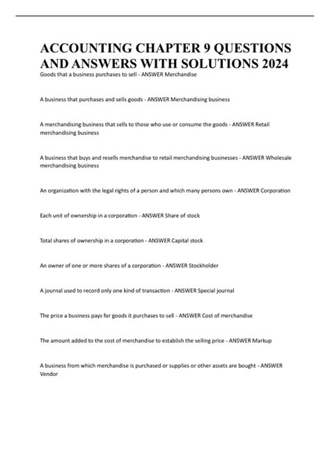 ACCOUNTING CHAPTER 9 QUESTIONS AND ANSWERS WITH SOLUTIONS 2024